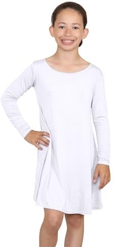 Hamishkane Girls Kids Long Sleeve Swing Dress Plain Round Neck Flared Casual Party Mini Dress White, 5-6 Years