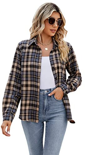 Famrrifuu Chemise Femme a Carreaux Classique Chemisier en Flanelle Chic et élégant Blouse Shirt Coton Décontractée,Gris,S