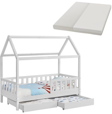 Juskys Kinderbett Marli 90 x 200 cm mit Matratze, Bettkasten, Rausfallschutz, Lattenrost & Dach - Massivholz Hausbett für Kinder - Bett in Weiß