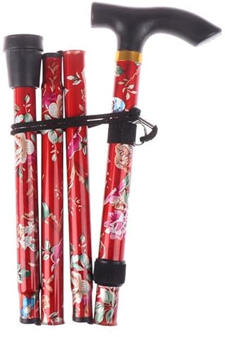 WARESHARK Walking Stick, Easy Adjustable Height Folding Extendable Walking Cane, Lightweight Flexible and Durable Walking Aid Mobility Aid Collapsible Walking Stick (Red with Flowers)