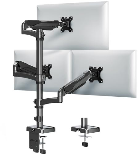 MOUNTUP Triple Monitor Arm Desk Mount Fits Max 32 Inch Screen, Holds 2-9KG, 3 Monitors Desk Mount with Tilt Swivel Rotation, Gas Spring Monitor Arm Stand with Clamp/Grommet Base, EU6013A