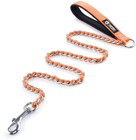 TSPRO Hundeleine Kette, Hundekette Leine Bissfest mit Weichem Griff, Leine Metall Hunde Kette für Mittelgroße und Große Hunde, mit D-Ring Rostfrei Anti-Kauen Kettenleine (3MM, Orange)