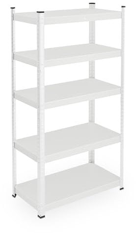 Relaxdays Schwerlastregal, HBT: 150 x 75 x 30 cm, 875 kg, Stahl, 5 Ebenen, Lagerregal, Keller, Garage, zum Stecken, weiß