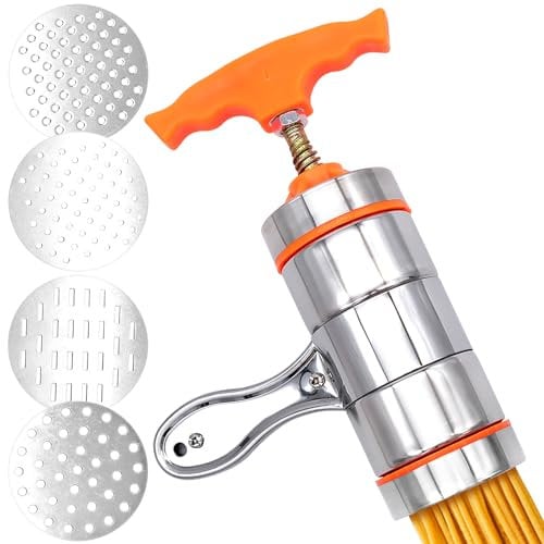 Fahibin Acero Inoxidable Maquina Hacer Pasta Fresca, Máquina Manual Para Hacer Fideos,Utensilio de Acero Inoxidable para Hacer Fideos con 4 Moldes para Hogares, Restaurantes, Tiendas de Tallarines