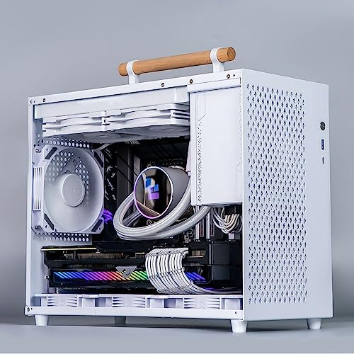 Diyeeni MATX Case for i9 13900 and RTX4090, ATX Power Supported, 6 SSD Slots, Rich Interface, Clear Side Panel, Wooden Handle, Simple Style