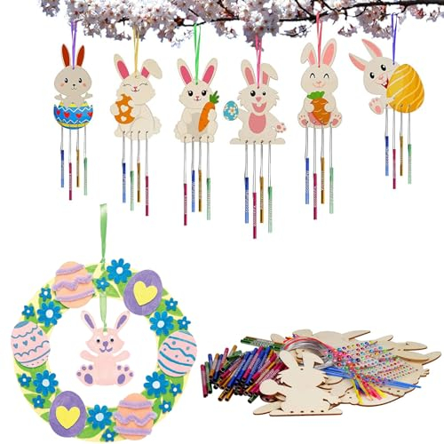 Doafoce Ostern Basteln 7 Stück Windspiel Bastelset Kinder Osterhase Windspiel Bastelset Holzanhänger Ostern zum Bemalen mit Strasssteine Malpinsel für Osterfeierzubehör DIY Dekor