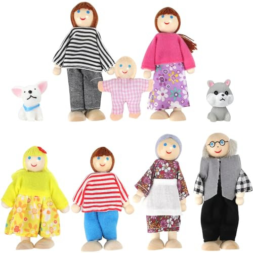Ezydka Casa delle Bambole - Set Famiglia 9 Pezzi in Legno, Pieghevole Con 2 Cani