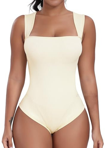 STARBILD Body Donna Collo Quadrato Senza Maniche Modellante, Bodysuit Tanga Shaper Sexy a Costine Canotte, Scollatura Squadrata - Bianco M