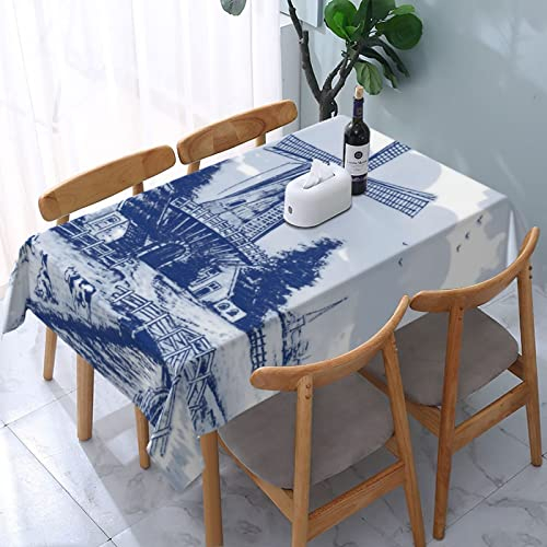 Nederland niedliche niederländische Windmühle im Vintage-Stil, Delfter Blau, rechteckige Tischdecke, auslaufsicher, für Tisch im Innen- und Außenbereich, 54 x 72 cm