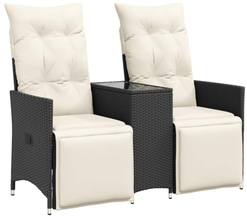 vidaXL Gartensofa, Sofa 2-Sitzer mit Tisch Verstellbare Rückenlehne Fußstütze, Lounge Sitzgruppe für Garten Terrasse, Gartenmöbel, Schwarz Poly Rattan