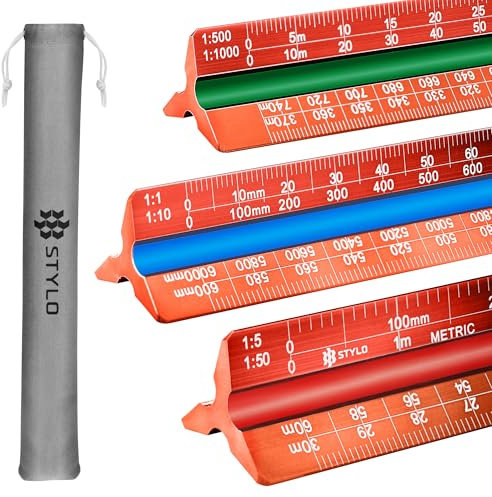 30 cm Aluminium Architektonisches Lineal, dreieckig, metrische Skalen 1:20, 1:25, 1:50, 1:75, 1:100, 1:125, Ideal für Architekten, Studenten, Zeichner, Ingenieure (Rot, Metrische Einheiten)