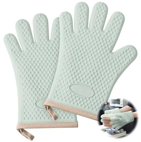 Oven Mitts Heat Resistant Thicken Silicone Cotton Lining Kitchen Gloves for 1200 ℃ with Waterproof and Non-Silp, Set of 2 Oven Five Fingers Gloves for Baking Cooking Barbecue Microwave (Green)