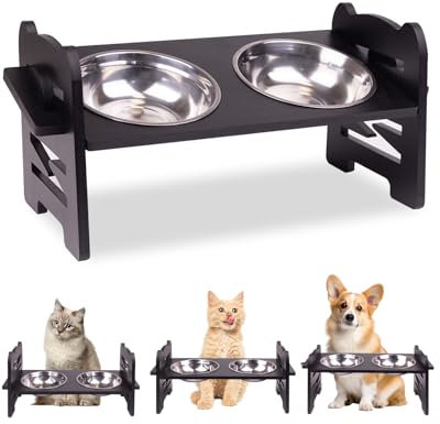 Wooden Raised Dog Bowl,Dog Bowls with Stand,6 Different Adjustable Heights,With Two Stainless Steel Bowls,Dog and Cat Feeding station,Raised dog bowls for large and small dogs.