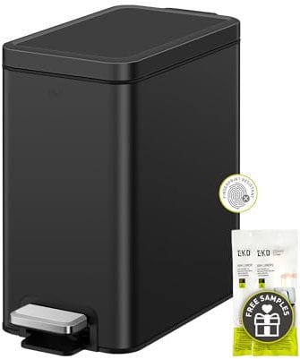 EKO Small Bathroom Trash Can with Lid Soft Close, Step Pedal, 6 Liter / 1.6 Gallon Stainless Steel Garbage Can with Removable Inner Bucket, Anti-Fingerprint Finish (Matte Black)