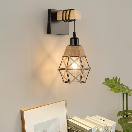 FORCOSO Wandleuchte Innen, Vintage Wandlampe Holz Metall Juteseil, E27 Wandbeleuchtung Schwarz Braun Wand Lampe, Retro Industrial Wall Light Fixtures Indoor Wohnzimmer Schlafzimmer Flur Treppenhaus