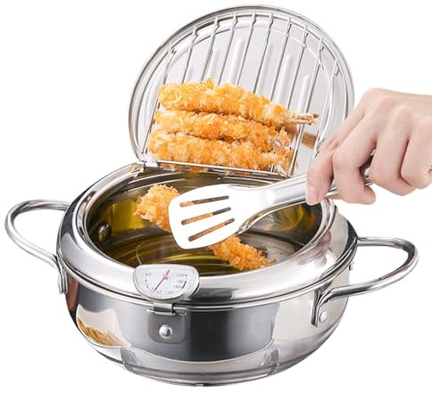Olla para freír de acero inoxidable, olla para freír de acero inoxidable con termómetro y rejilla para escurrir el aceite,con asas para cocinar patatas fritas gambas albóndigas en la cocina (L (4.2L))