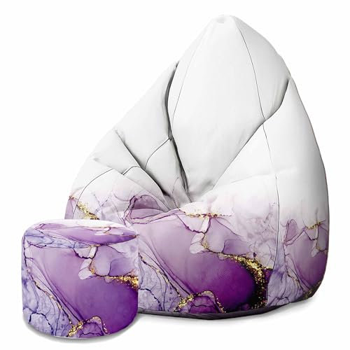 DreamRoots Sitzsack Erwachsene mit Füllung 80x80x120cm - Bean Bag Chair - Sitzsäcke mit Lehne und Hocker und Bezug - Sitzsack Sessel - Chill Sessel Velvet Watercolor Abstract Violet