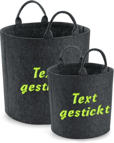 Schnoschi Filz Aufbewahrungskorb mit Namen oder Text bestickt, Wäschekorb mit Wunschnamen, Spielzeugkorb individualisiert (dunkelgrau, 40 x 40 cm - 50 Liter)