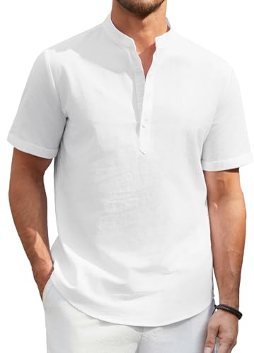 Enlision Camisa Lino Hombre Verano Manga Corta Camisa Playa Casual Hombre Camisas Cuello Mao con Botones Lino Elegantes Algodón Color Sólido