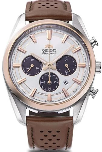 Orient Stretto Solar-Chronograph, Armbanduhr Herren, 40 mm, weißes Zifferblatt, braunes Lederarmband, weiß, Klassisch