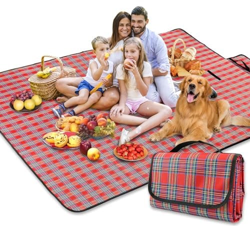 BAXIWUY Coperta da Picnic con Retro Impermeabile 150 x 200 cm Coperta da Spiaggia Portatile Tappetino da Picnic Pieghevole Tappetino da Spiaggia per Campeggio, Trekking, Montagna, Viaggi (Rosso)