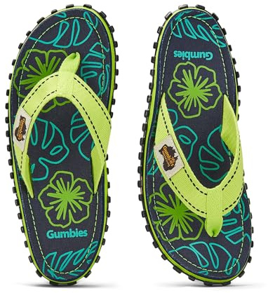 Gumbies Originals Blue - Flip Flops Made from Recycled Materials - Robust Sole Made of Recycled Car Tyres, Soft Canvas Cotton Footbed, Comfortable Cotton Toe Post, Lime Hibiscus, 4 UK