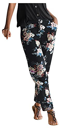 Sommerhose Damen Leicht Boho Strandhose Damen Lange Haremshose Schlupfhose mit Taschen Blumen Straight Bein Hose Freizeithose Damen Sommer Stoffhose Jogginghose