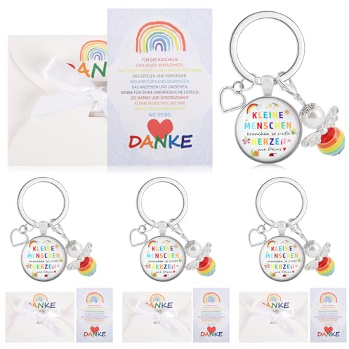 JadeLink 4 Sätze Schlüsselanhänger für Erzieherin, Abschiedsgeschenk für Lehrer, Danke Erzieherin Abschied Schlüsselanhänger Engel für Kindergarten Kita mit Dankeskarten, Geschenkbox und Netzbeutel