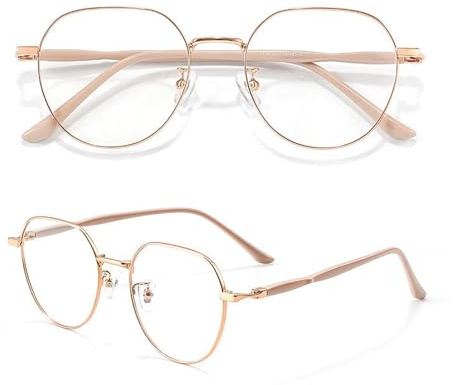 Generisch Brille Damen Klassische Metallgestell Brillenfassung Vintage Brille Lesebrille(Rose Gold,0.0 x)