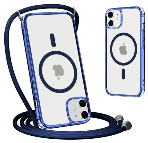 Yoedge Magnética Funda con Cuerda para iPhone 11, Compatible con MagSafe, Carcasa Mate Translúcida Delgada Silicona Anti-Choque Antiarañazos Protector Case con Ajustable Correa Colgante, Azul