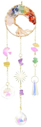 Crystal Ornaments, Handmade Crystal Suncatcher, Tree of Life Hanging Ornament with Natural Crystals, for Window, Home, Garden, and Wall Decoration, Elegant Rainbow Light Reflecting Design