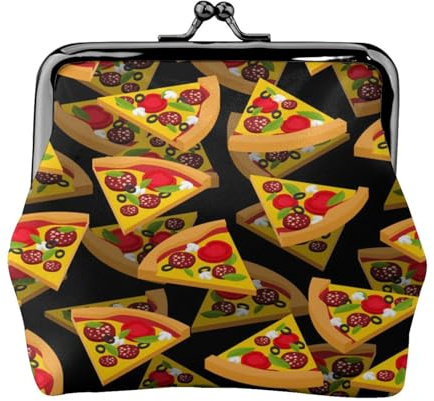 Pizza 3D-Druck Doppelverschluss Metallrahmen Leder Kiss Lock Kleingeldtasche Geldbörse für Frauen mit Schlüssel, kleine Geldbörsen, Schwarz , Einheitsgröße