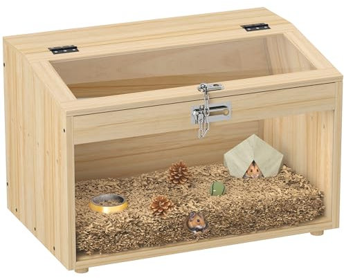 PawHut Hamsterkäfig aus Holz, Mäusekäfig mit klappbarem Deckel, Acrylfenster und Belüftungslöchern für Zwerg- und Rennmäusenhamster, 55 x 35 x 35 cm, Naturholzoptik
