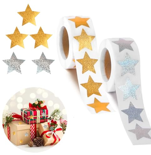 1000 Stück Glitter Stern Aufkleber, Weihnachten Sterne Aufkleber, Goldenen und Silber Glitzersternen Sticker Selbstklebend, 2.5cm Weihnachten Glitter Stern-Aufkleber(2 Rolle)