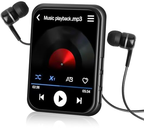 Lettore MP3 da 128 GB con Bluetooth 5.3, touchscreen da 2,4 pollici con altoparlante, registratore radio FM, suono Hi-Fi, cuffie cablate incluse, per corsa, palestra