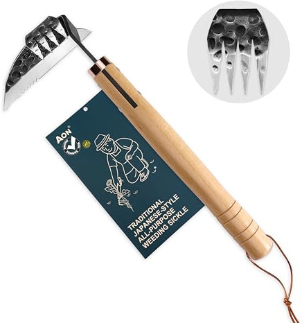 aon Giapponese Estirpatore Erbacce Manuale & Zappetta da Giardino, Acciaio Forgiato con Bordo Affilato e 4 Denti per Diserbare, Togliere Erbacce e Lavorare Terreno in Orto, Giardino e Aiuole Rialzate