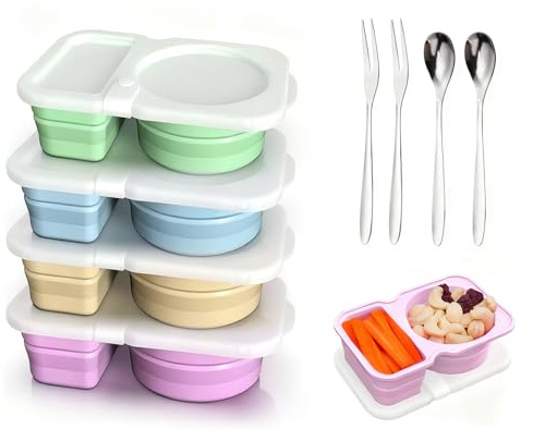 4 Stück Leak-Proof Silikon Snack Container Kleine Snackboxen mit 2 Fächern | Snackbehälter mit Deckel Tragbares Collapsible Snack Container mit Löffel Gabeln Obst Essen Aufbewahrung für Camping