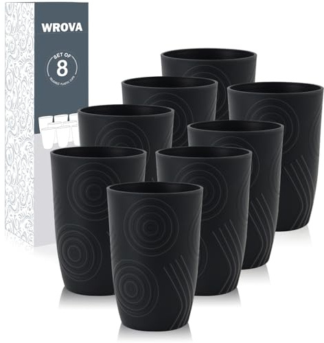 Wrova Reusable Plastic Cup 500 ML -Set of 8 Unbreakable Cup Sets for Kids Lightweight Plastic Glasses Set, Dishwasher and Microwave Safe Plastic Cups for Indoor & Outdoor - Black