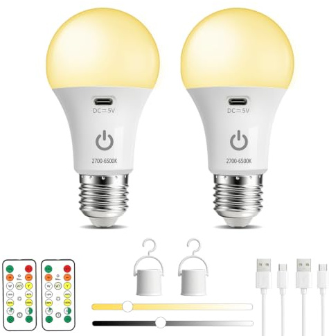 Caldarax USB Aufladbare Glühbirne mit Fernbedienung, 3 Farben, E27 Batterie Glühbirne, 7W LED Dimmbar Touch Control Akku Lampen mit Timer für Notlicht Camping, Wiederaufladbare Outdoor Lampe, 2 Stück