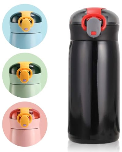 Small Water Bottle with Straw, 320ml Stainless Steel Insulated Mini Flask, Double Wall Vacuum, Leak-Proof One-Hand Open Lid, Portable Drinks Bottle for Handbag, for Coffee, Milk, Juice (Black)