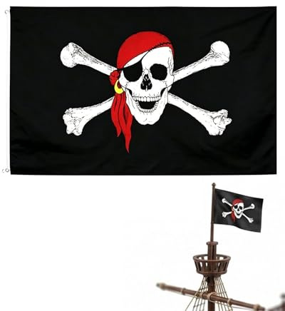 UEAVOID Bandera Pirata Negra Jolly Roger Calavera con Pañuelo Rojo 90x150 cm 1 unidad, con Ojales Reforzados para Colgar. Ideal para Fiestas Temáticas, Halloween y Decoración.