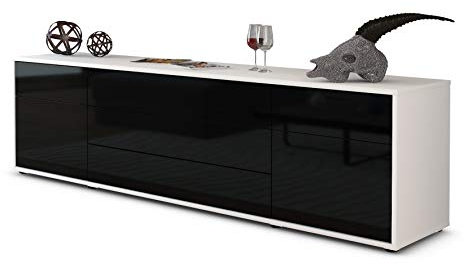 Stil.Zeit TV Schrank Lowboard Benita, Korpus Weiss matt, Front Hochglanz-Design Schwarz (180x49x35cm), mit Push-to-Open Technik & Leichtlaufschienen