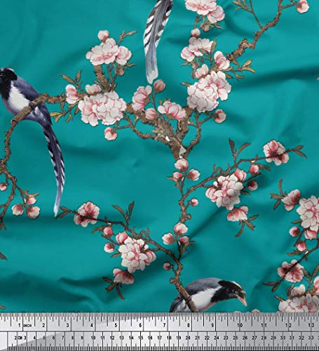 Soimoi Grune Seide, Stoff Blumen & Paradise Whydah Vogel-Druck Stoff durch den Meter 44 Inch Breite
