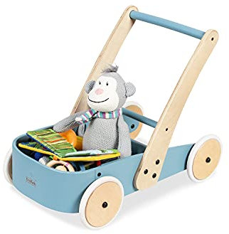 PINOLINO Lauflernwagen Fiete, Kinder Laufhilfe mit Bremssystem, gummierte Holzräder, Massivholz: Buche blau lackiert