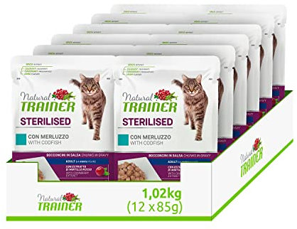 Natural Trainer Sterlisied Adult Cibo Umido per Gatti con Merluzzo e Fibra di Pisello 12 buste x 85 g - 1020 gr