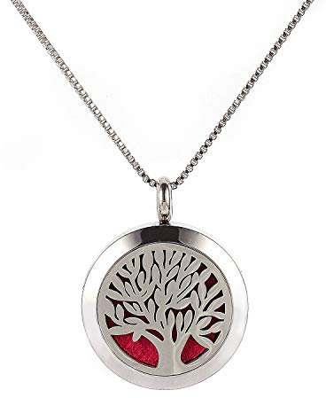 Aromathérapie Huile Essentielle Diffuseur Pendentif Arbre de Vie en Acier Inoxydable Collier Pendentif Parfum Cadeau de Noël Bijoux avec chaîne de 25 ''et 5 Patins en Feutre