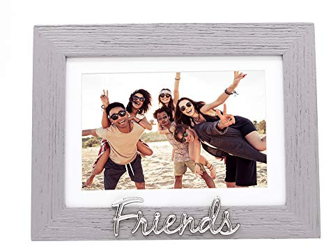 Happy Homewares Grey Woodgrain Effect Friends Picture Frame with Silver Letters - 6x4 with White Matt or 7x5