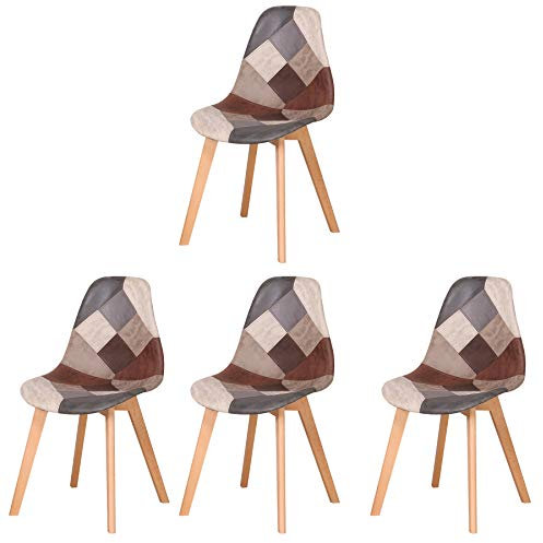 GrandCA HOME 4er Set Stühle mit Sitzkissen aus Patchwork-Stoff, Esszimmerstühle mit Holzbeinen aus Metall für Wohnzimmer, Esszimmer und Küche, Braun