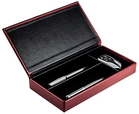 DELMON VARONE - Personalisierbarer Ablagekasten mit Deckel aus Premium Leder Cambridge rot - Stift-Schale für Kugelschreiber, Füller & Schreibutensilien - Echtleder Schreibgeräte-Etui mit 3 Fächer