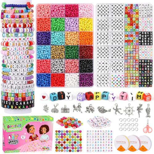 Kit de hacer pulseras de cuentas, cuentas de letras de 4 mm, con 3 rollos de cuerda y colgante de 10 m, cuentas de cristal para manualidades y fabricación de joyas